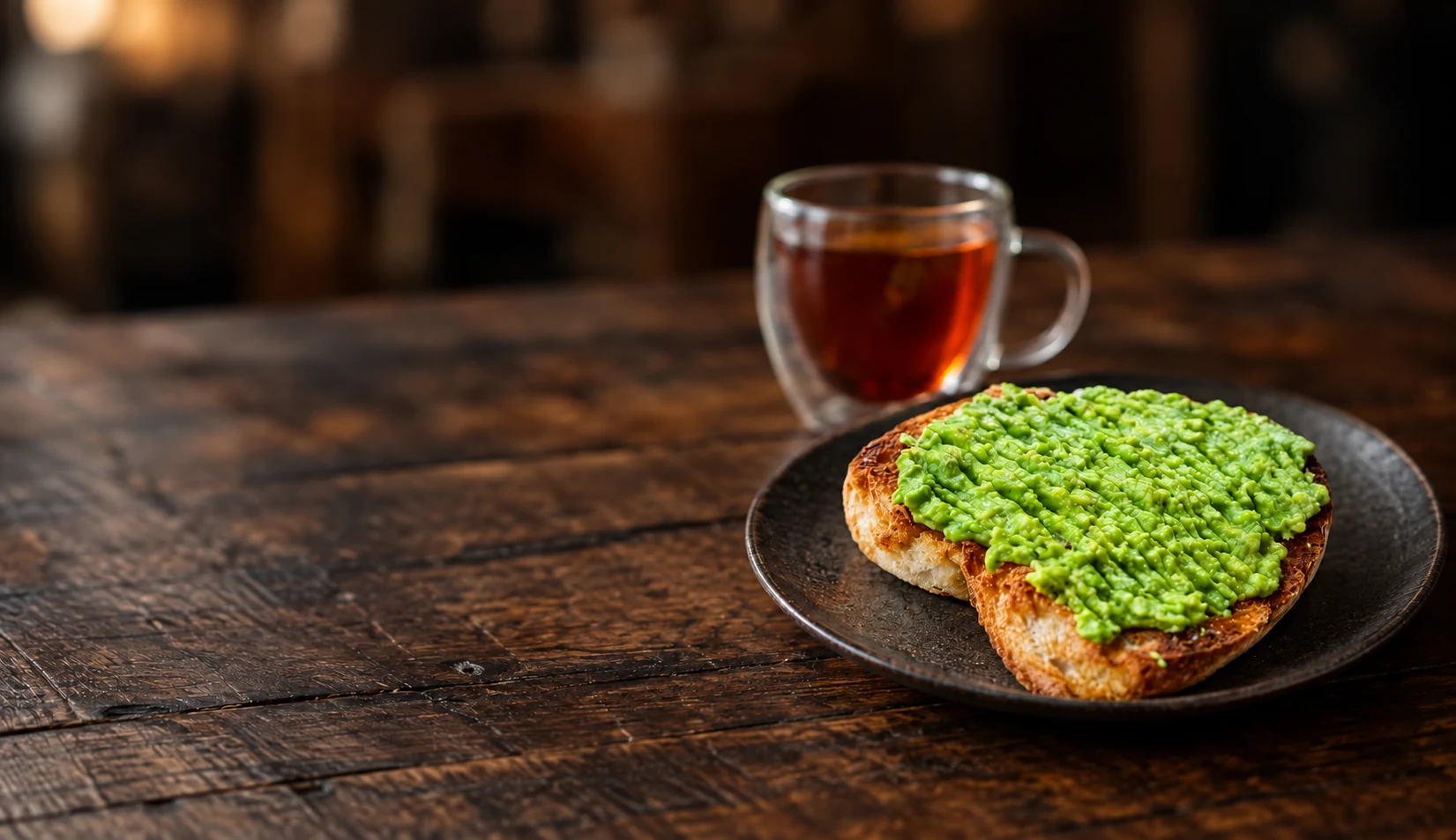 Pan tostado con palta y una taza de té sobre una mesa rústica de madera.