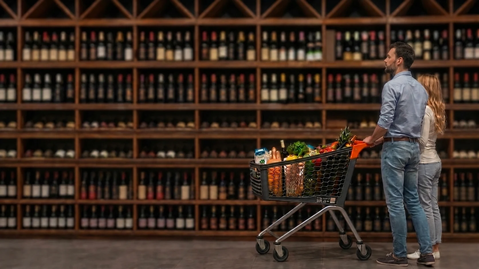 Una pareja con un carro de compras frente a estantes de vinos en una tienda.