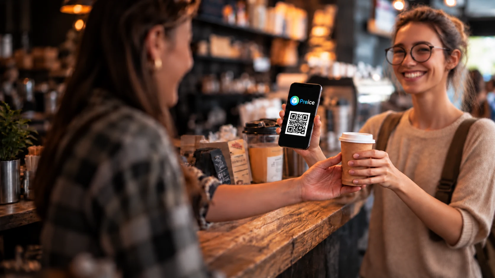 Una clienta recibe un café y muestra en su teléfono el código QR de Preice.
