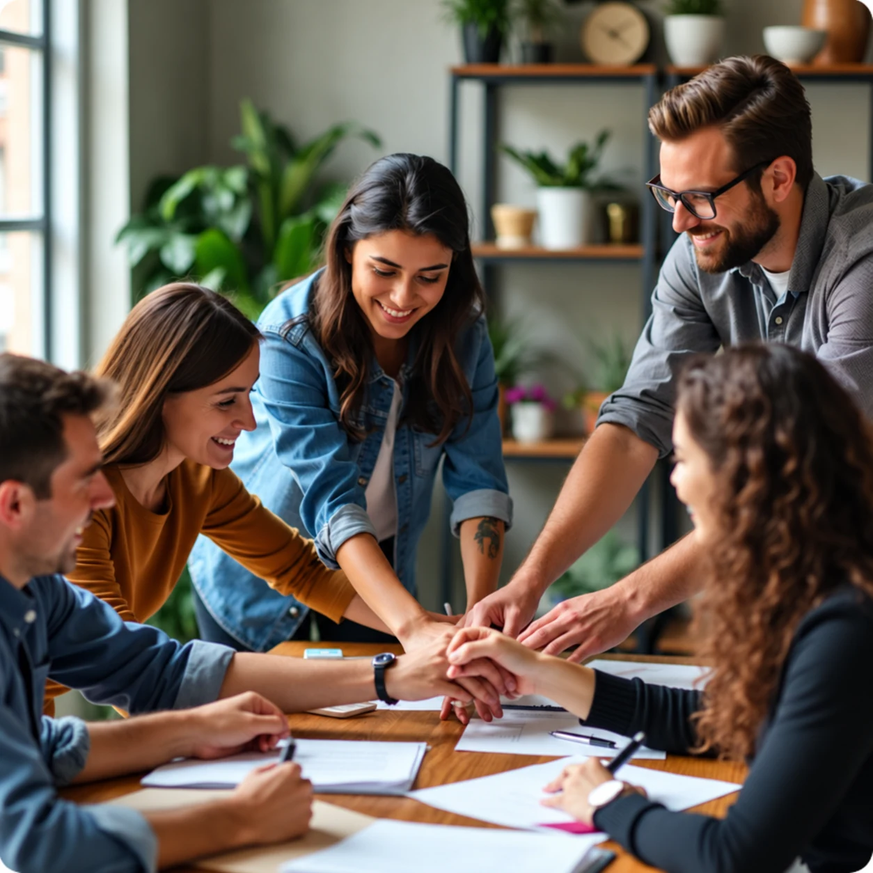 Un grupo de cinco personas reúne sus manos sobre una mesa de trabajo.