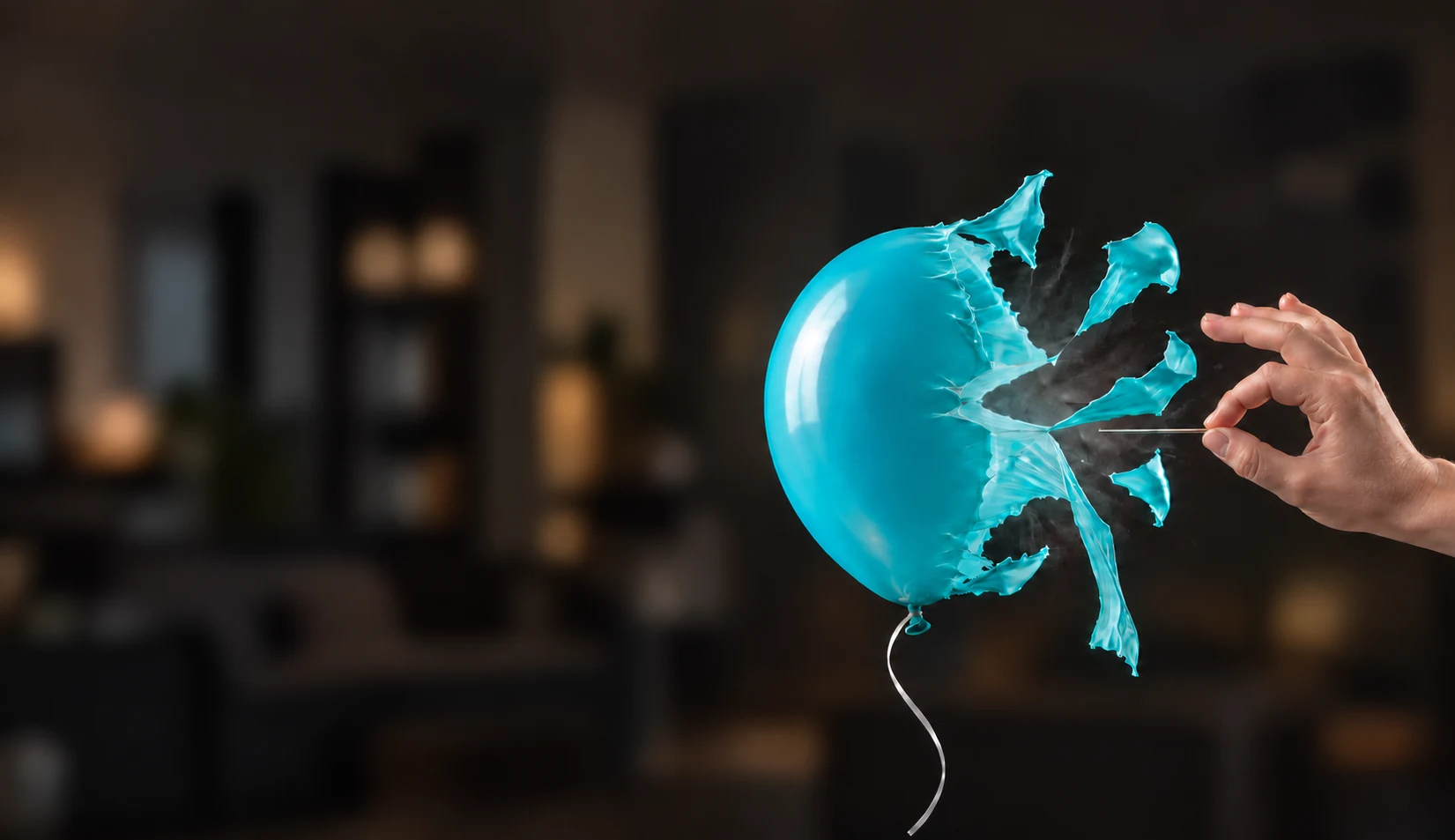 Un globo turquesa estalla al contacto con una aguja.