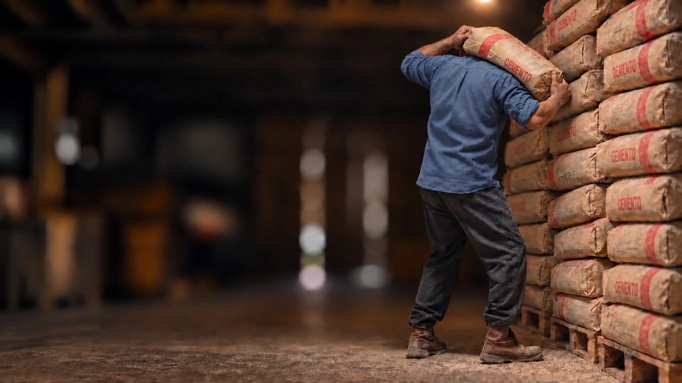 Un trabajador carga un saco de cemento junto a una pila de materiales de construcción.